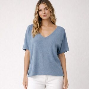 Lou & Grey Blue Cotton Knit Blouse S Soft Minimalist V-Neck Casual Coastal Top